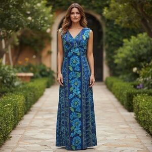 Vintage Waltah Clarke’s Barkcloth maxi Dress, size 10. Blue floral long Hawaiian